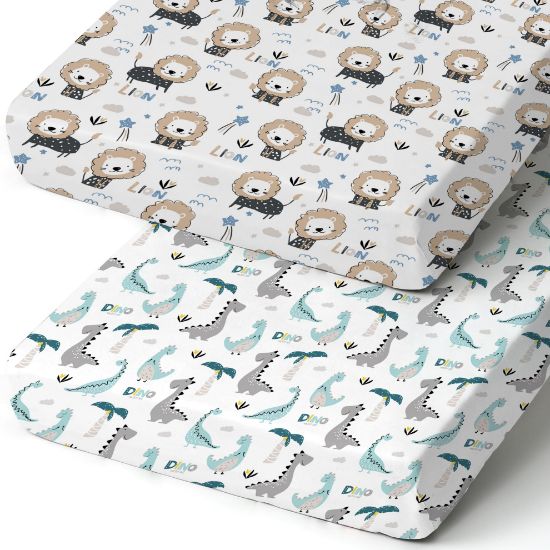 Picture of BROLEX Baby Fitted Crib Sheets: Kid Crib Sheets - Set of 2 for Toddler Standard Size Crib Mattress for Boys and Girls - Jersey Knit Crib Bed Sheets Dinosaur Lion