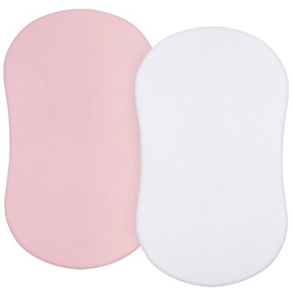 Picture of Bassinet Sheets Compatible with Halo Bassinest Swivel/Flex/Glide Sleeper and 4moms mamaRoo Sleep Bassinet, 100% Cotton, 2 Pack, Ultra Soft Bassinet Sheet for Baby, White & Pink
