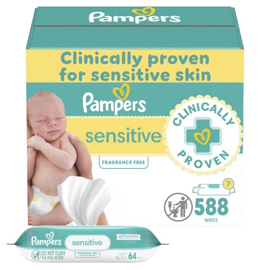 Picture of Pampers Baby Wipes Sensitive, Water Based Wipes, Hypoallergenic and Unscented for Babies, 588 Wipes Total (7 Refill Packs)