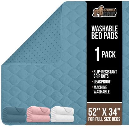 Picture of GORILLA GRIP Washable Underpads, Waterproof Reusable Heavy Absorbency Incontinence Bed Pads, Leak Proof Toddler Mattress Pad, 52x34 Slip Resistant Protector for Bedwetting, Adults and Kids, Blue