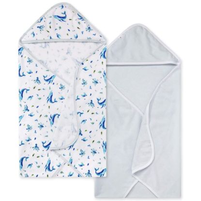 Picture of Burts Bees Baby Infant Hooded Towels Whale of a Tale Organic Cotton, Unisex Bath Essentials and Newborn Necessities, Soft Nursery Towel with Hood Set, 2-Pack Size 29 x 29 Inch