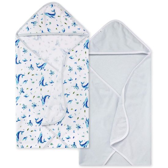 Picture of Burts Bees Baby Infant Hooded Towels Whale of a Tale Organic Cotton, Unisex Bath Essentials and Newborn Necessities, Soft Nursery Towel with Hood Set, 2-Pack Size 29 x 29 Inch