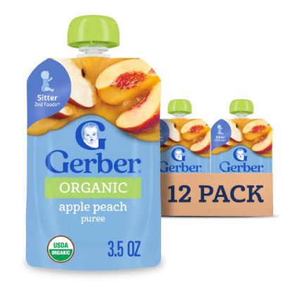 Picture of Gerber Stage 2 Baby Food, Organic Apple Peach Puree Pouch, 2 Servings of Fruit, No Added Sweetener, No Artificial Colors or Flavors, 12-Pack