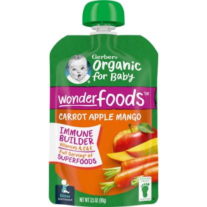 Picture of Gerber Organic Baby Food Pouches, 2nd Foods for Sitter, WonderFoods, Carrot Apple Mango, 3.5 Ounce (Pack of 12)