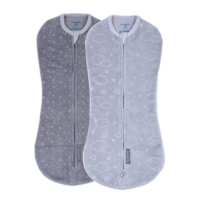 Picture of SwaddleMe by Ingenuity Compression Baby Swaddle Pod in Velboa, Two-Way Zipper for Easy Diaper Changes, Improves Sleep & Calms Startle Reflex, 0-2 Months, 1.0 TOG, 2-Pack - Clouds & Stars