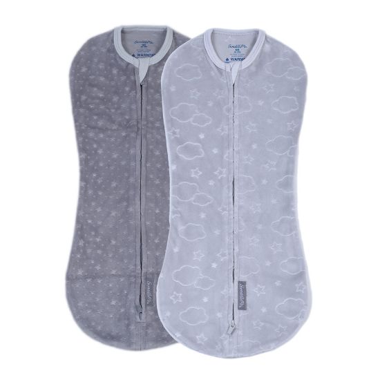 Picture of SwaddleMe by Ingenuity Compression Baby Swaddle Pod in Velboa, Two-Way Zipper for Easy Diaper Changes, Improves Sleep & Calms Startle Reflex, 0-2 Months, 1.0 TOG, 2-Pack - Clouds & Stars