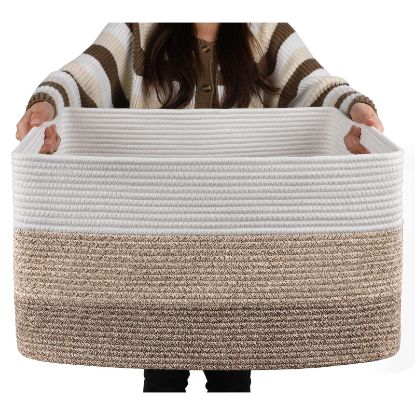 Picture of OIAHOMY Large Blanket Basket, 22”x17”x12” Rectangle Woven Baskets, Nursery Blanket Storage Living Room, Toy Storage With Handle, Large Baskets for Organizing-Gradient Yellow