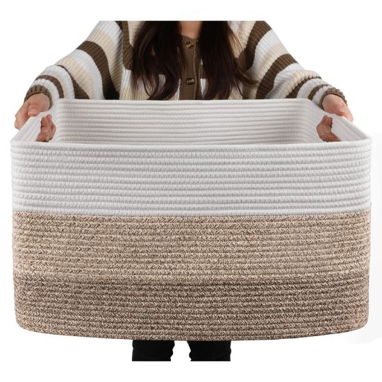 Picture of OIAHOMY Large Blanket Basket, 22”x17”x12” Rectangle Woven Baskets, Nursery Blanket Storage Living Room, Toy Storage With Handle, Large Baskets for Organizing-Gradient Yellow