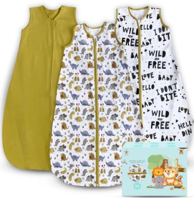 Picture of Cute Castle Baby Sleep Sack 6-12 Months - Lightweight 100% Cotton 2-Way Zipper TOG 0.5 Infant Wearable Blanket, Newborn Essentials Toddler Sleep Clothes, 3 Pack(Honey, Dinosaurs, Letters)