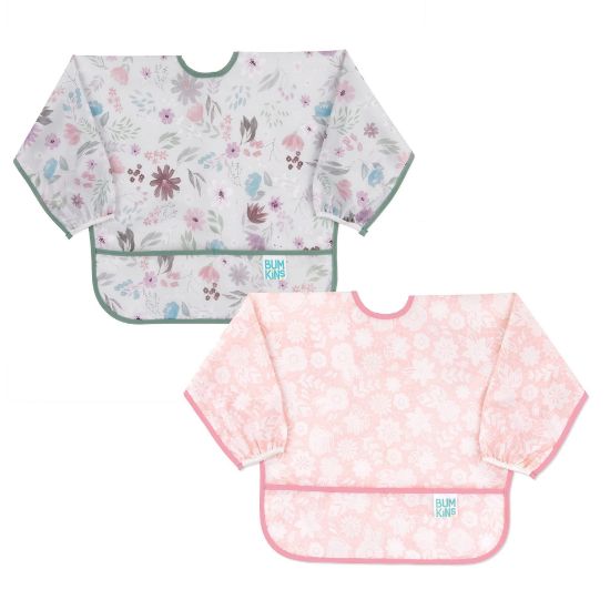 Picture of Bumkins Sleeved Bib for Girl or Boy, Baby and Toddler for 6-24 Mos, Essential Must Have for Eating, Feeding, Baby Led Weaning Supplies, Long Sleeve Mess Saving Food Catcher, 2-pk Floral and Lace