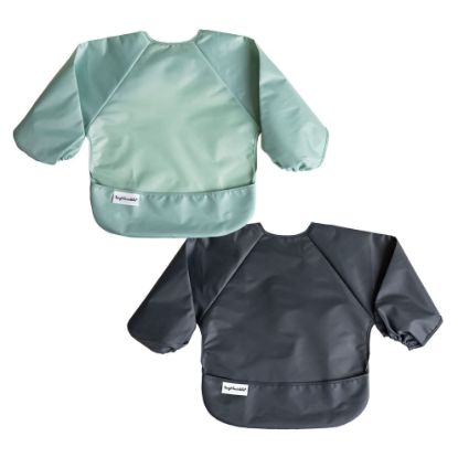 Picture of Tiny Twinkle Mess Proof Baby Bib |2 Pack Waterproof Smock Bib for Eating, Machine Washable Full Sleeve with Pocket (Sage Charcoal, Small 6-24 Months)