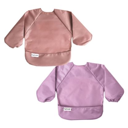 Picture of Tiny Twinkle Mess Proof Baby Bib |2 Pack Waterproof Smock Bib for Eating, Machine Washable Full Sleeve with Pocket (Taupe Lilac, Small 6-24 Months)