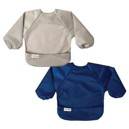 Picture of Tiny Twinkle Mess Proof Baby Bib |2 Pack Waterproof Smock Bib for Eating, Machine Washable Full Sleeve with Pocket (Grey Indigo, Small 6-24 Months)