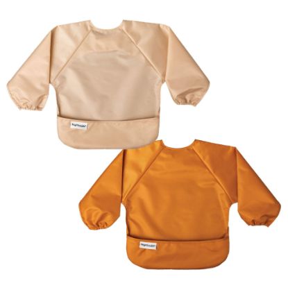 Picture of Tiny Twinkle Mess Proof Baby Bib |2 Pack Waterproof Smock Bib for Eating, Machine Washable Full Sleeve with Pocket (Sand Cinnamon, Small 6-24 Months)
