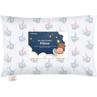 Picture of Toddler Pillow with Pillowcase - 13x18 My Little Dreamy Kids Travel Bed Pillows for Sleeping, Organic Cotton Small Pillowcase, Soft & Breathable, Machine Washable, Toddlers 2-5 Years Old (Moon Sloth)