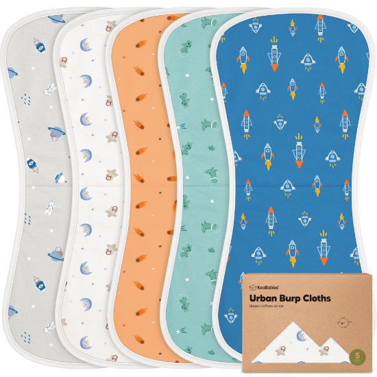 Picture of Organic Burp Cloths for Baby Boys and Girls - 5-Pack Super Absorbent Burping Cloth, Burp Clothes, Soft & Plush, Newborn Milk Spit Up Rags, Burpy Cloth Bib for Unisex, Burping Rags (Cosmo)