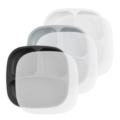 Picture of Re-Play Made in USA 7" Deep Walled Divided Plates for Kids, Set of 3 With 3 Lids - Reusable 3 Compartment Plates, Dishwasher and Microwave Safe - 7.37" x 7.37" x 1.25", Monochrome