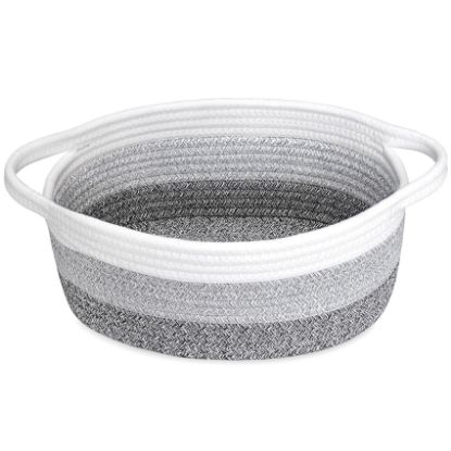 Picture of ABenkle Small Basket with Handles - Decorative Durable Rope Woven Storage Bin Shelf Storage Organizer Cube, Easter Baby Gift Basket, 12"x8"x5"