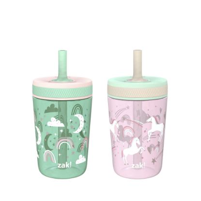 Picture of Zak Designs Kelso Toddler Cups For Travel or At Home, 15oz 2-Pack Durable Plastic Sippy Cups With Leak-Proof Design is Perfect For Kids (Fanciful Unicorn, Happy Skies)