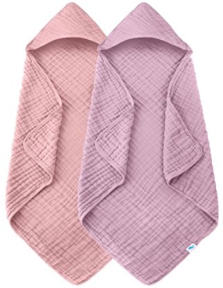 Picture of SWEET DOLPHIN Muslin Hooded Baby Bath Towels - 2 Pack 100% Cotton Towel for Babies, Infants, Toddlers - 32x32Inch - Highly Absorbent and Newborn Essential, Light Sakura