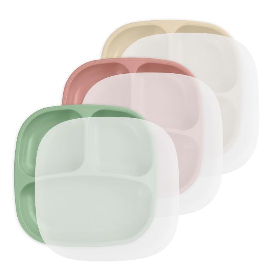 Picture of Re-Play Made in USA 7" Deep Walled Divided Plates for Kids, Set of 3 With 3 Lids - Reusable 3 Compartment Plates, Dishwasher and Microwave Safe - 7.37" x 7.37" x 1.25", Desert Sands