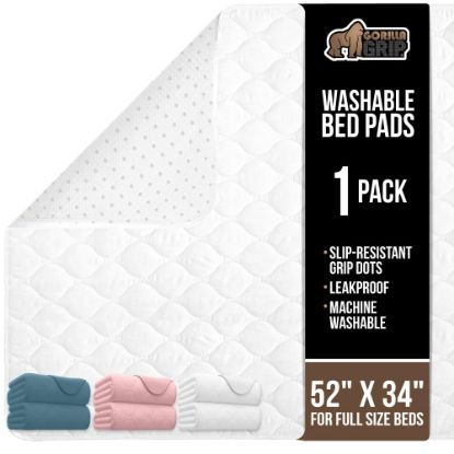 Picture of GORILLA GRIP Washable Underpads, Waterproof Reusable Heavy Absorbency Incontinence Bed Pads, Leak Proof Toddler Mattress Pad, 52x34 Slip Resistant Protector for Bedwetting, Adults and Kids, White