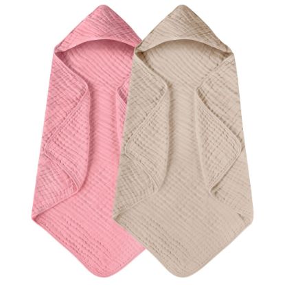 Picture of Yoofoss Hooded Baby Towels for Newborn 2 Pack 100% Muslin Cotton Baby Bath Towel with Hood for Babies, Infant, Toddler and Kids, Large 32x32Inch, Soft and Absorbent Newborn Essential