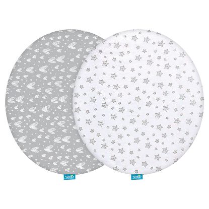 Picture of Bassinet Sheets Compatible with Fisher-Price On-The-Go Baby Dome, 2 Pack, 100% Jersey Knit Cotton Fitted Sheets, Breathable and Heavenly Soft, Grey Hearts and White Stars Print for Baby