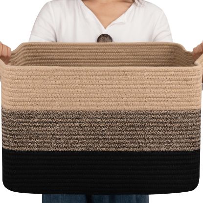Picture of OIAHOMY Cotton Rope Basket, Rectangle Woven Baskets for Storage, Nursery Blanket Basket Living Room, Toy Basket With Handle, Baskets for Organizing-17.7”x13.8”x11”-Yellow Black