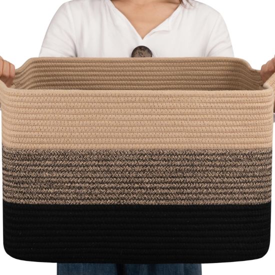 Picture of OIAHOMY Cotton Rope Basket, Rectangle Woven Baskets for Storage, Nursery Blanket Basket Living Room, Toy Basket With Handle, Baskets for Organizing-17.7”x13.8”x11”-Yellow Black