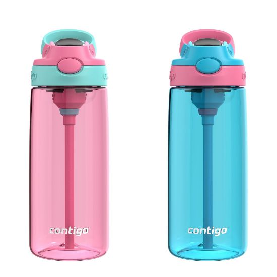 Picture of Contigo Aubrey Kids BPA-Free Water Bottle with Silicone Straw Spill-Proof Lid Dishwasher Safe 20oz 2-Pack Suitable for 3+ Years Azalea/Jade & Blue Raspberry/Azalea