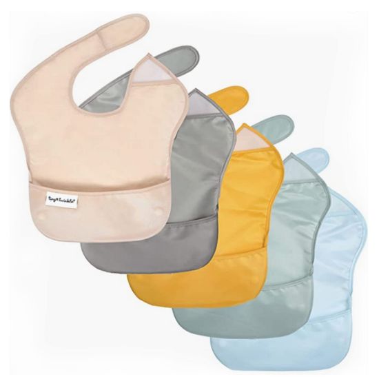 Picture of Tiny Twinkle Mess-Proof Baby Bib - Waterproof Bib for Baby Boy or Girl - Machine Washable - Adjustable Closure - PVC, BPA & Phthalate Free - Great for Travel - Baby Food Bibs (5 Pack, Unisex Solids)