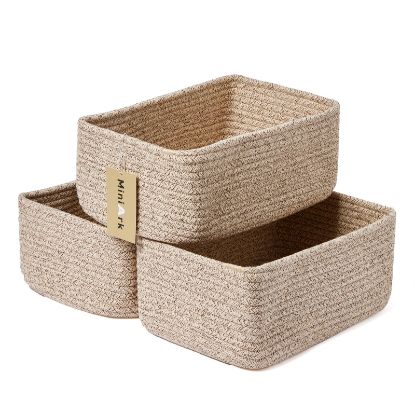 Picture of MiniArk Small Storage Baskets for Organizing | Closet Organizer Bins | Shelf Toy Basket | Woven Rope Baskets | Cube Decorative Box | Shallow Basket | 11.5x7.5x4.7” | 3 Packs Mixed Brown