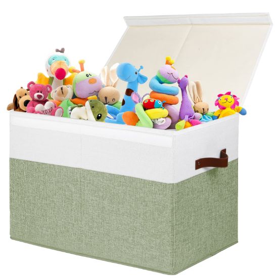 Picture of Large Toy Storage Box with Lid, Sturdy Toys Storage Chest Bin Organizer Basket with Dividers for Kids, Boys, Girls, Nursery, Closet, Bedroom, Playroom 25"x13" x16" (Green and White)