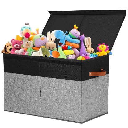 Picture of Large Toy Storage Box with Lid, Sturdy Toys Storage Chest Bin Organizer Basket with Dividers for Kids, Boys, Girls, Nursery, Closet, Bedroom, Playroom 25"x13" x16" (Black and Grey)