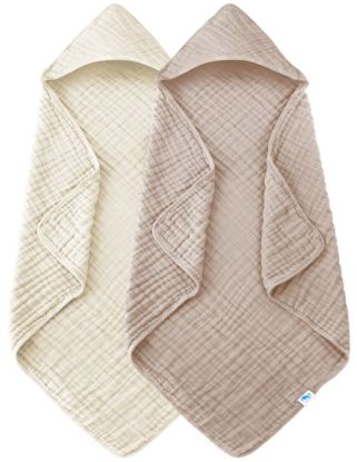 Picture of SWEET DOLPHIN Muslin Hooded Baby Bath Towels - 2 Pack 100% Cotton Towel for Babies, Infants, Toddlers - 32x32Inch - Highly Absorbent and Newborn Essential, Ivory and Brown