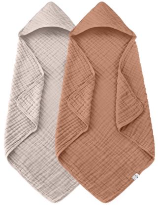 Picture of Spotted Play 2 Pack Hooded Baby Towels - 100% Muslin Cotton for Newborns, Infants, Toddlers - Large 32x32 Inch Size - Highly Absorbent and Essential for Newborn Care, Light Bean Paste