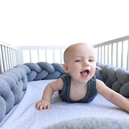 Picture of LOAOL Baby Crib Bumper Knotted Braided Plush Nursery Cradle Decor Newborn Gift Pillow Cushion Junior Bed Sleep Bumper (2 Meters, Gray)