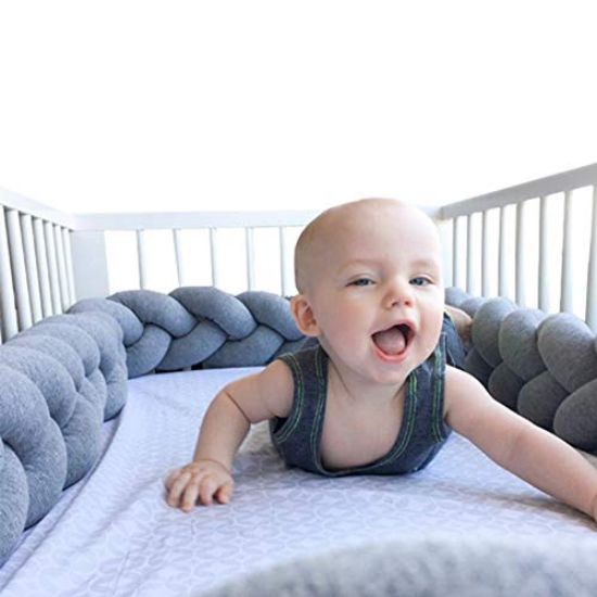 Picture of LOAOL Baby Crib Bumper Knotted Braided Plush Nursery Cradle Decor Newborn Gift Pillow Cushion Junior Bed Sleep Bumper (2 Meters, Gray)