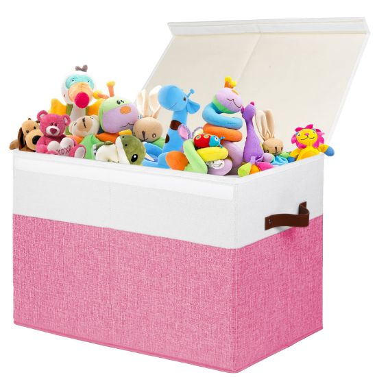 Picture of Large Toy Box with Lid, Sturdy Toy Storage Chest Bin Boxes Organizer Basket with Dividers for Toddlers, Kids, Boys, Girls, Nursery, Closet, Bedroom, Playroom 25"x13" x16" (Pink and White)