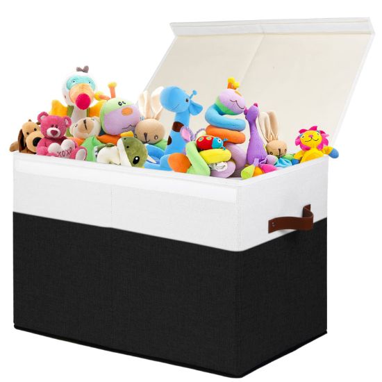 Picture of Large Toy Storage Box with Lid, Sturdy Toys Storage Chest Bin Organizer Basket with Dividers for Kids, Boys, Girls, Nursery, Closet, Bedroom, Playroom 25"x13" x16" (Black and White)