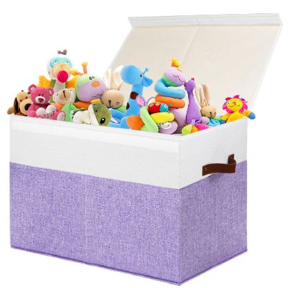 Picture of Large Toy Box with Lid, Sturdy Toy Storage Chest Bin Boxes Organizer Basket with Dividers for Toddlers, Kids, Boys, Girls, Nursery, Living Room, Bedroom, Playroom 25"x13" x16" (Purple and White)