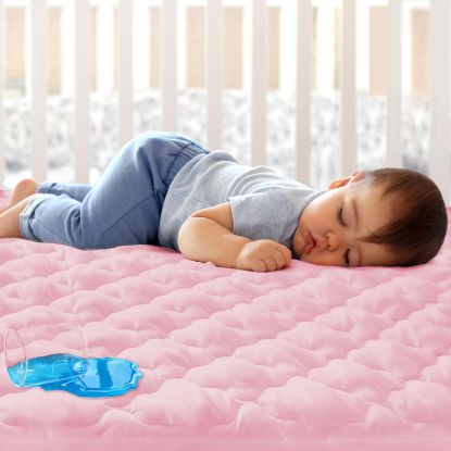 Picture of Mini Crib Mattress Protector Sheets Fitted Waterproof Mini Crib Mattress Pad Cover, Noiseless & Machine Wash 100% Absorbent Mini Crib Mattress Protector Sheet Quilted, Pink, 38" x 24"