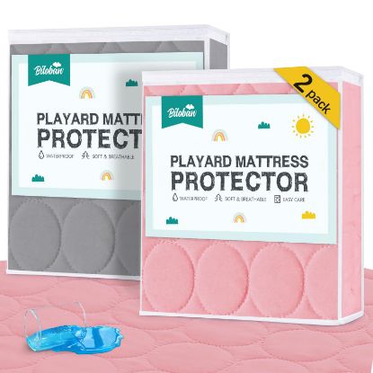 Picture of Pack and Play Protector Sheets Waterproof 2 Pack, Quilted Playard Mattress Pad Cover Fitted Fits for Graco Pack n Play Playard Mattress/Playpen Mattress, Gray & Pink, 39" x 27"