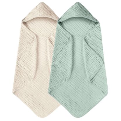 Picture of Yoofoss Hooded Baby Towels for Newborn 2 Pack 100% Muslin Cotton Baby Bath Towel with Hood for Babies, Infant, Toddler and Kids, Large 32x32Inch, Soft and Absorbent Newborn Essential