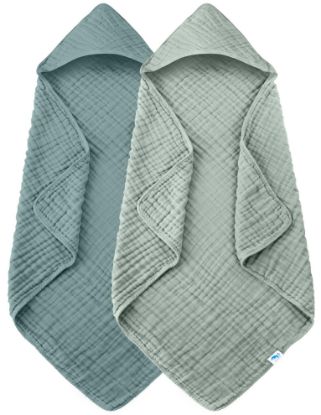Picture of SWEET DOLPHIN Muslin Hooded Baby Bath Towels - 2 Pack 100% Cotton Towel for Babies, Infants, Toddlers - 32x32Inch - Highly Absorbent and Newborn Essential, Light Emerald