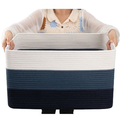 Picture of OIAHOMY Large Blanket Basket, 22”x17”x12” Rectangle Woven Baskets, Nursery Blanket Storage Living Room, Toy Storage With Handle, Large Baskets for Organizing-Gradient Blue