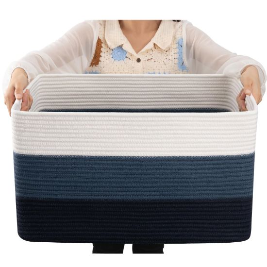 Picture of OIAHOMY Large Blanket Basket, 22”x17”x12” Rectangle Woven Baskets, Nursery Blanket Storage Living Room, Toy Storage With Handle, Large Baskets for Organizing-Gradient Blue
