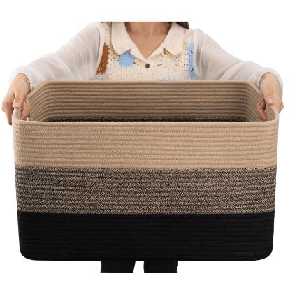 Picture of OIAHOMY Large Blanket Basket, 22”x17”x12” Rectangle Woven Baskets, Nursery Blanket Storage Living Room, Toy Storage With Handle, Large Baskets for Organizing-Yellow Black