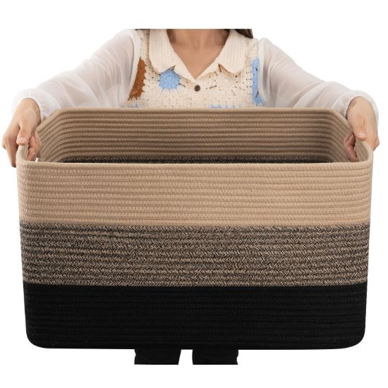 Picture of OIAHOMY Large Blanket Basket, 22”x17”x12” Rectangle Woven Baskets, Nursery Blanket Storage Living Room, Toy Storage With Handle, Large Baskets for Organizing-Yellow Black